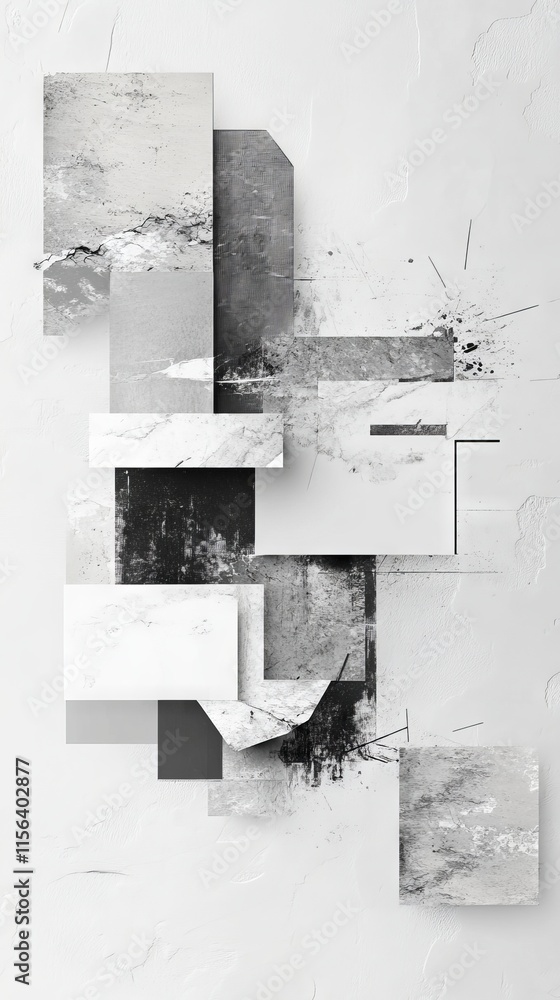 Poster modern abstract art featuring geometric shapes and textured blocks in shades of gray and white on a 
