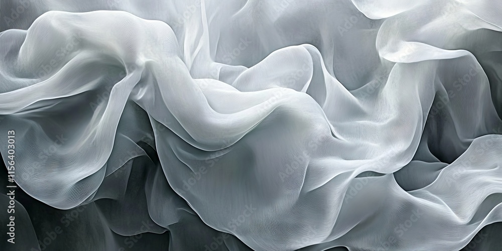 Poster abstract image of white fabric with flowing waves and intricate textures, creating a sense of moveme