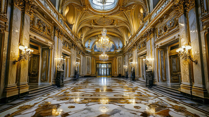 Obraz premium A luxurious hotel lobby featuring stunning marble floors, elegant chandeliers, and rich gold accents, exuding an atmosphere of sophistication and opulence for guests and visitors.