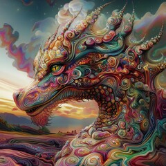 A stunning abstract dragon with swirling patterns and vivid colors, set against a fantasy landscape. Perfect for creative and imaginative projects.