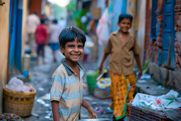 Obraz premium A young Indian boy learns service, helping his neighbors with chores and errands, his enthusiasm infectious as he spreads joy wherever he goes
