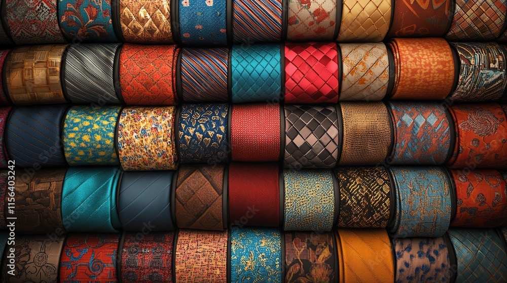 Poster a high-end display of colorful silk ties and bowties, carefully arranged by pattern and color