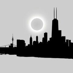 Obraz premium cityscape silhouette, solar eclipse, Chicago skyline, black and white, high contrast, minimalist, dramatic lighting, urban landscape, iconic buildings, Sears Tower, architectural skyline, astronomical
