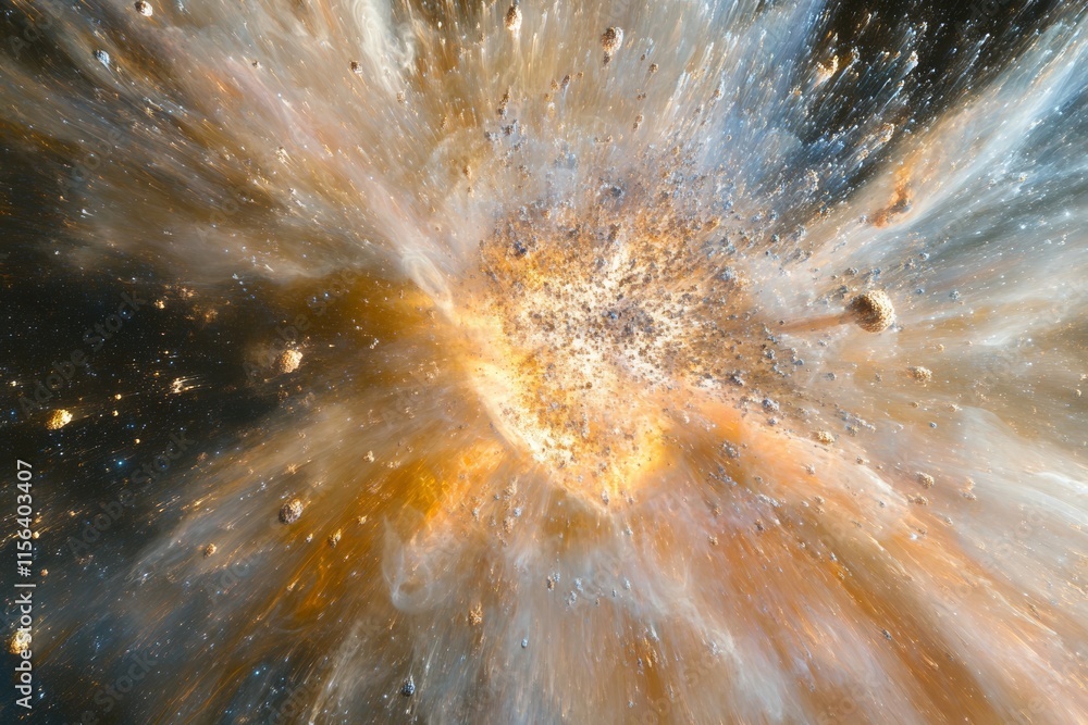 Poster high-resolution image of a cosmic explosion with vibrant colors and asteroids, perfect for science a