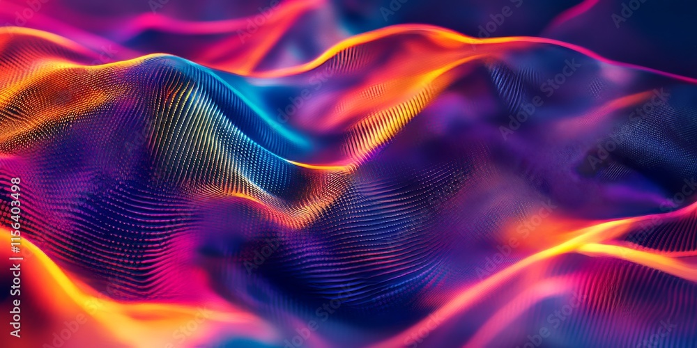 Poster colorful abstract waves with neon lights creating a dynamic and futuristic digital landscape.