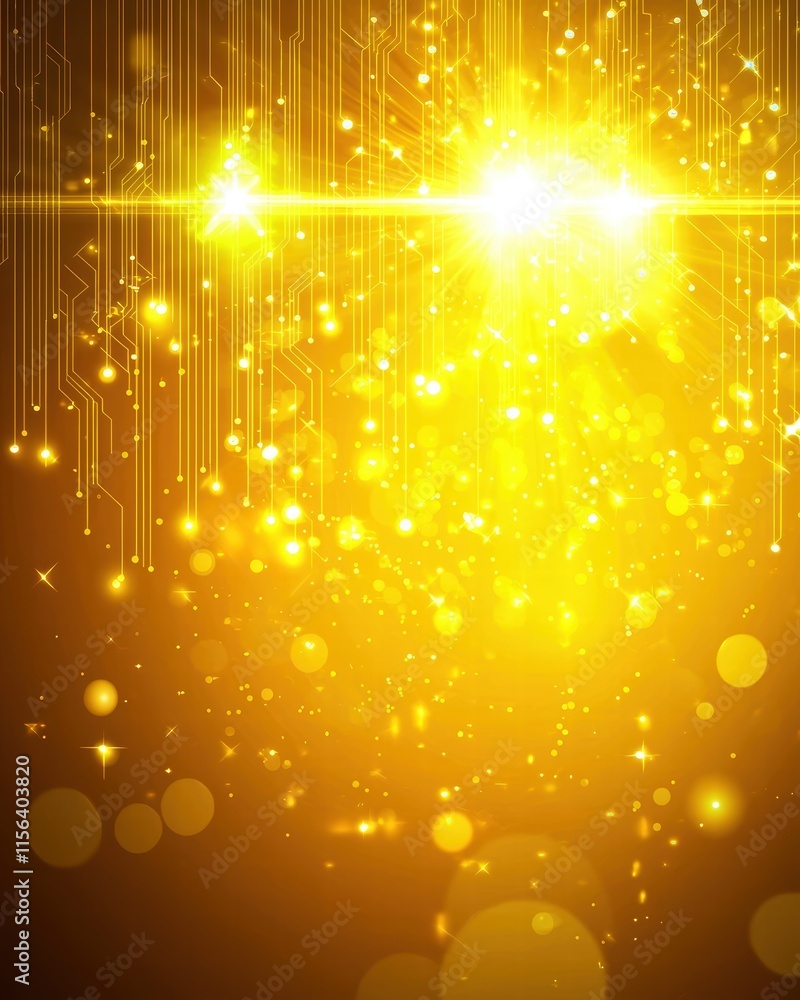 Aufkleber golden light burst with sparkles and circuit elements in background