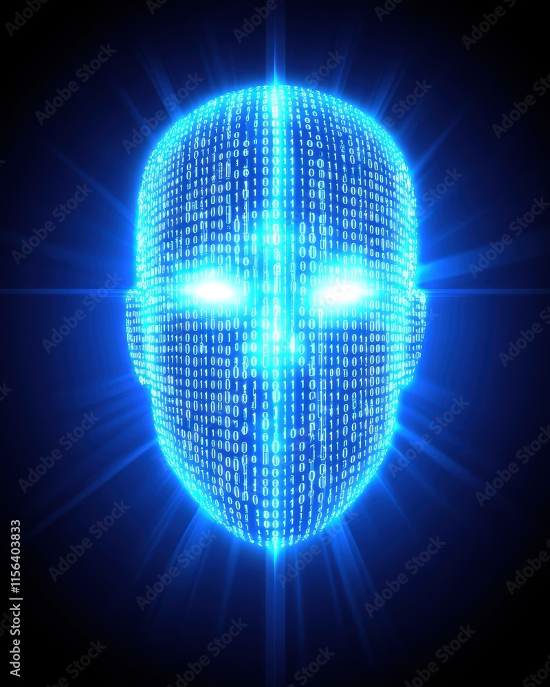 Poster futuristic digital face concept with glowing binary code display