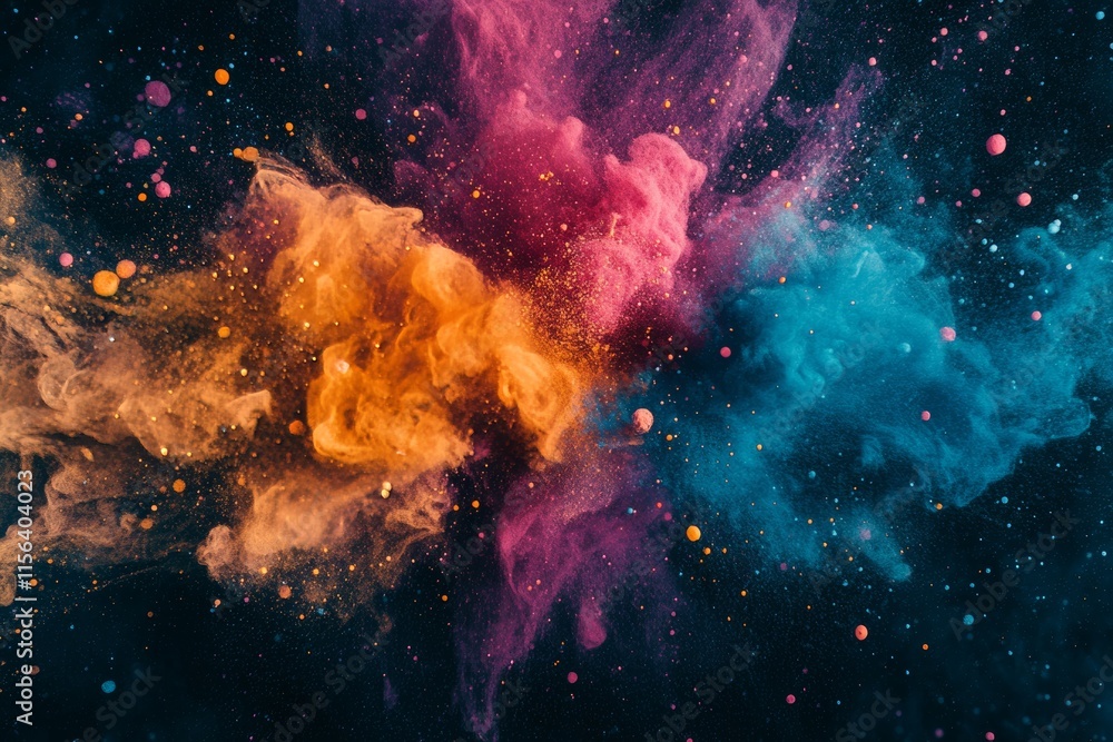 Poster a stunning display of colorful powder exploding against a dark background, showcasing vibrant energy