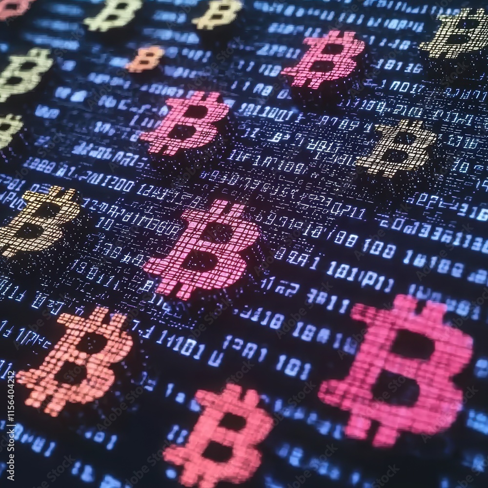 Poster cryptocurrency symbols on digital background with binary code design