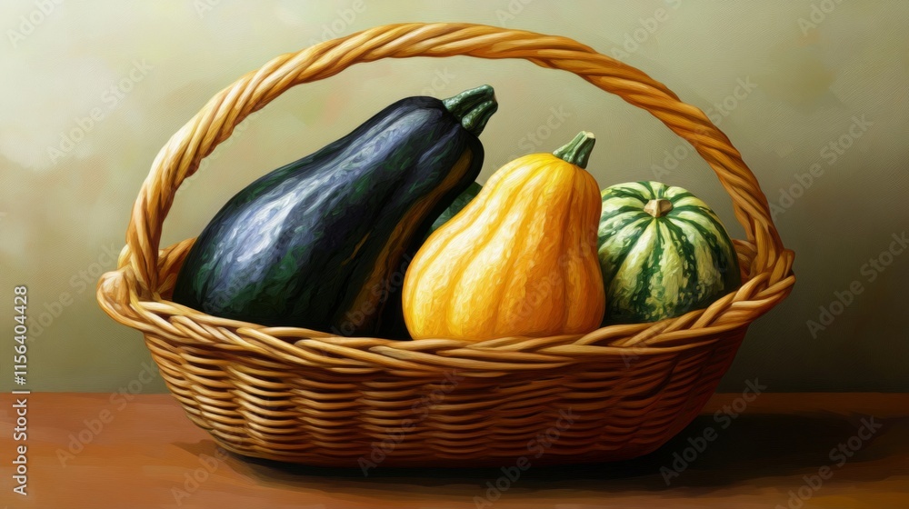 Poster gourds in basket on table with diffused light