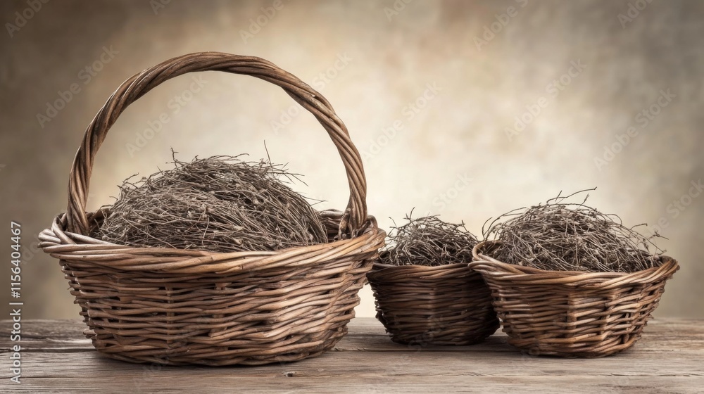 Poster minimalist baskets on table with soft studio background