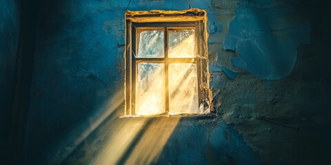A window is lit up by the sun. The window is in a building with a blue wall