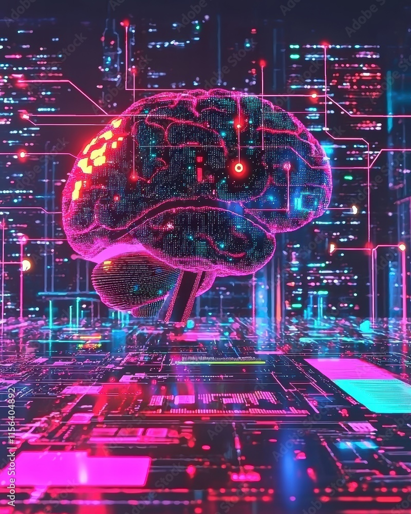 Poster futuristic digital brain with neon lights in a tech environment