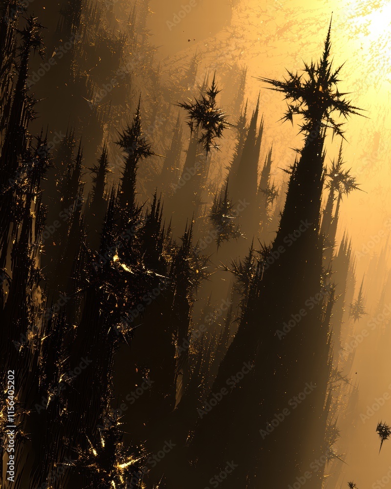 Poster abstract fractal landscape with spiky structures and golden light