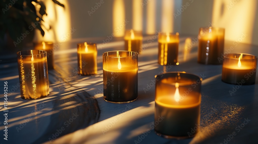 Poster a table with many candles lit up in various sizes. the candles are arranged in a circle, with some o