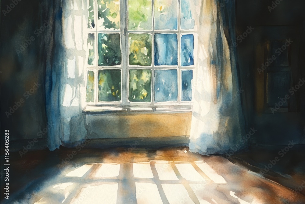 Aufkleber sunlight streams through a window with sheer curtains, casting warm shadows on the floor in a tranqu