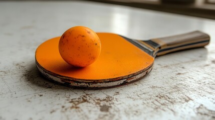 Old orange ping pong paddle and ball on a table.