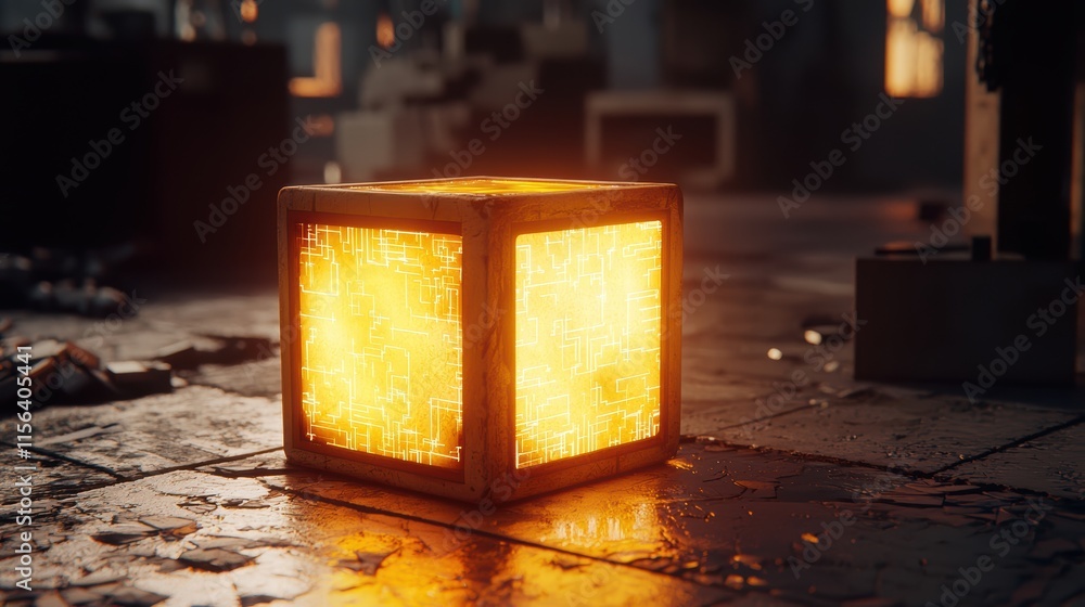 Aufkleber glowing cube with digital patterns in abandoned industrial space