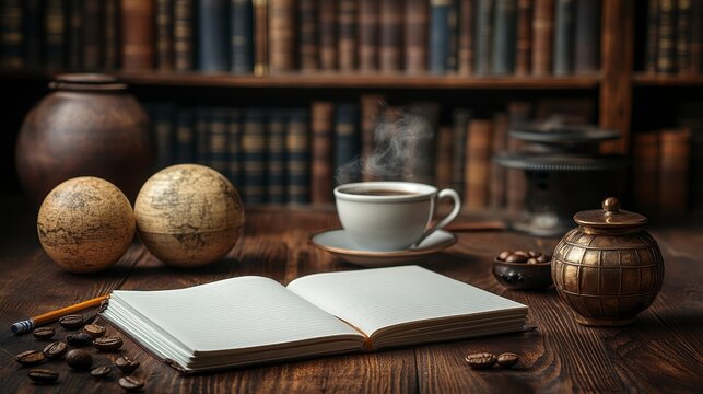 Open notebook, coffee cup, globes, and books on wooden desk.