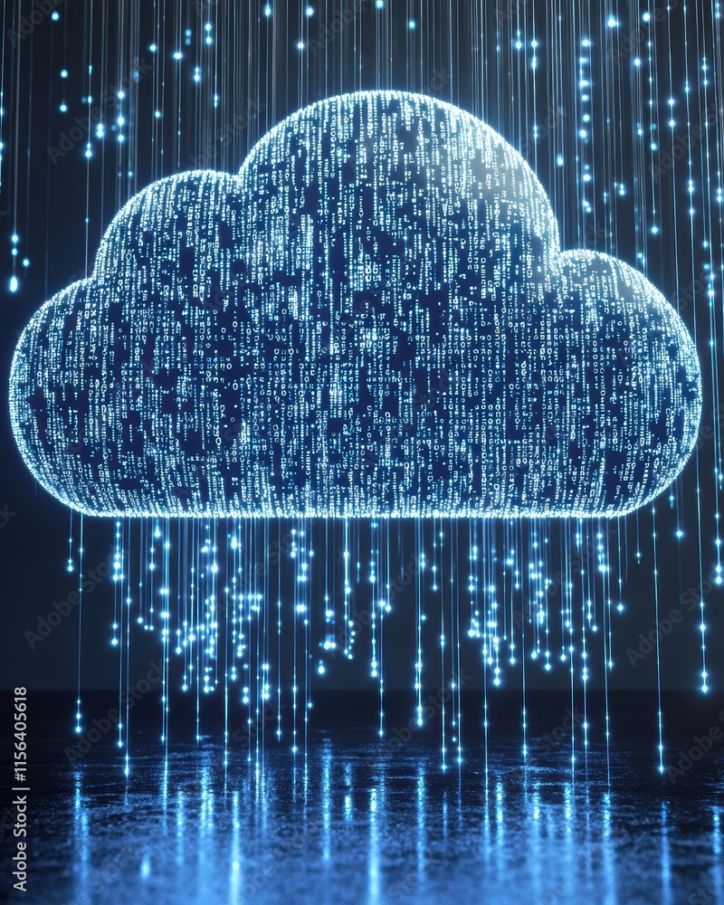 Poster digital cloud with glowing data streams and matrix background