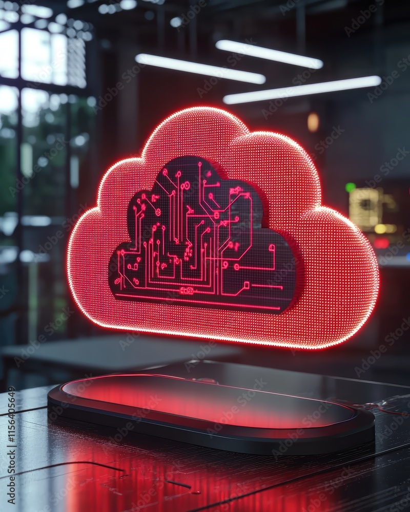 Poster red cloud computing concept with circuit patterns and technology elements