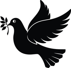 Black silhouette dove with olive branch vector icon illustration on a white background