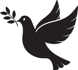 Black silhouette dove with olive branch vector icon illustration on a white background