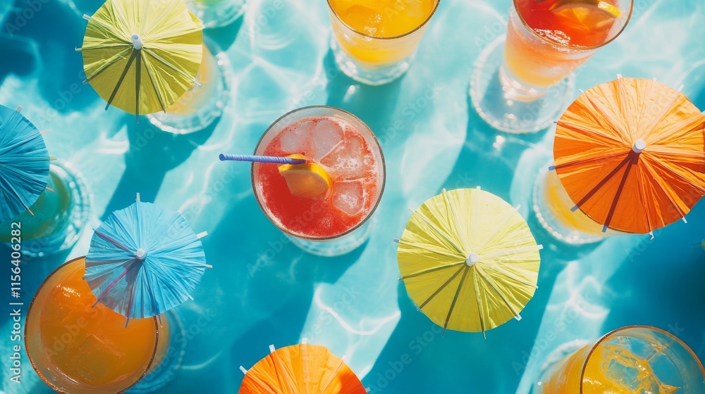 Poster a table full of colorful umbrellas and drinks. the umbrellas are of different colors and sizes, and 
