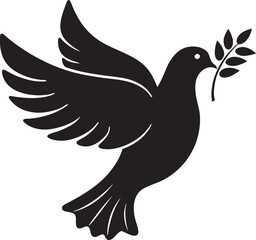 Black silhouette dove with olive branch vector icon illustration on a white background