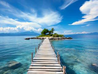 Naklejka premium A wooden bridge leading to an island in the middle of a clear blue sea with a beautiful sky