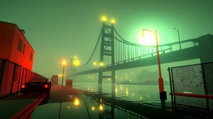 Fototapeta premium Cinematic Night Bridge Cityscape Fog Car Lights Reflective Water Urban Scene Modern