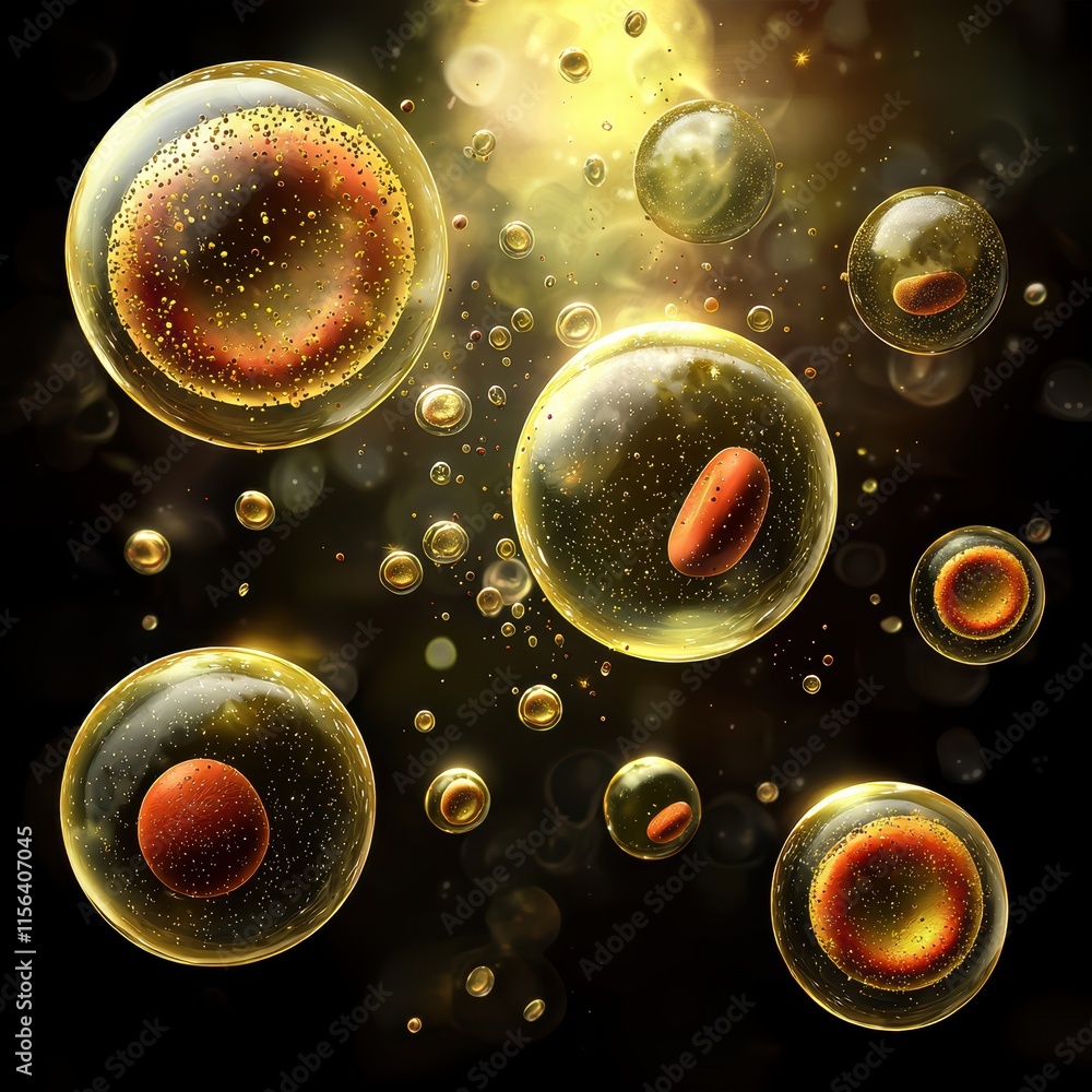 Poster luminescent bubbles with glowing particles in dark background