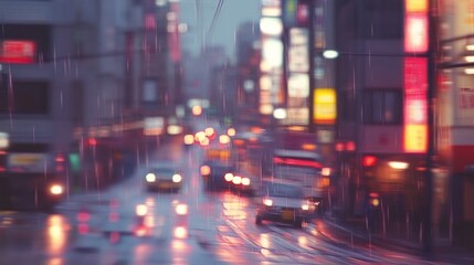 Fototapeta premium Vibrant city street scene at night with blurred lights and reflections, capturing the essence of urban life and motion.