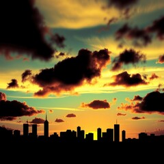 Fototapeta premium A vibrant city skyline silhouetted against colorful clouds at sunset creating a stunning and dreamy atmosphere. skyline silhouette. cityscape illustration architecture city 