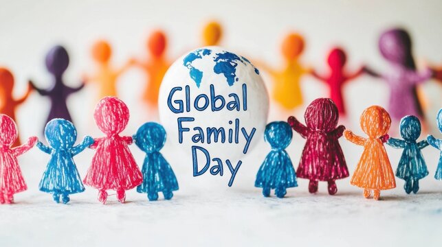 Colorful paper cutout figures arranged with global family day text creating international celebration concept