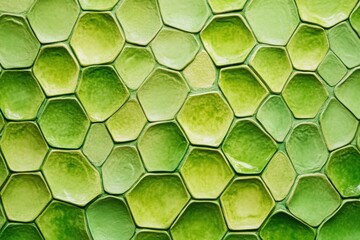Lime green hexagonal cells arranged in precise geometric pattern creating natural honeycomb structure