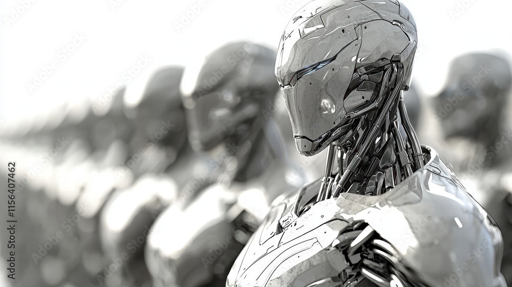 Poster Futuristic Robots in a Row with Metallic Finish and Sleek Design