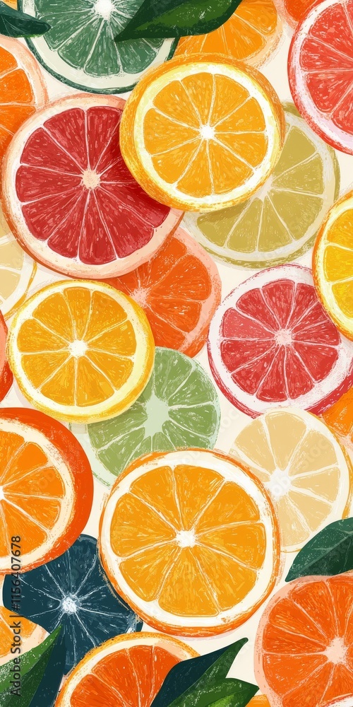 Poster a drawing of many oranges and grapefruits. the oranges are in different colors and sizes