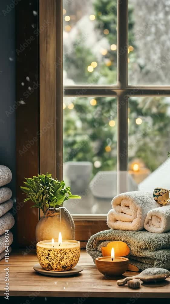 Poster cozy winter spa setting with soft towels and flickering candles by the window