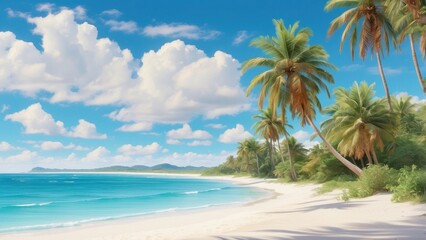 A tropical beach with turquoise waters, soft white sands, and swaying palm trees under a bright, sunny sky.