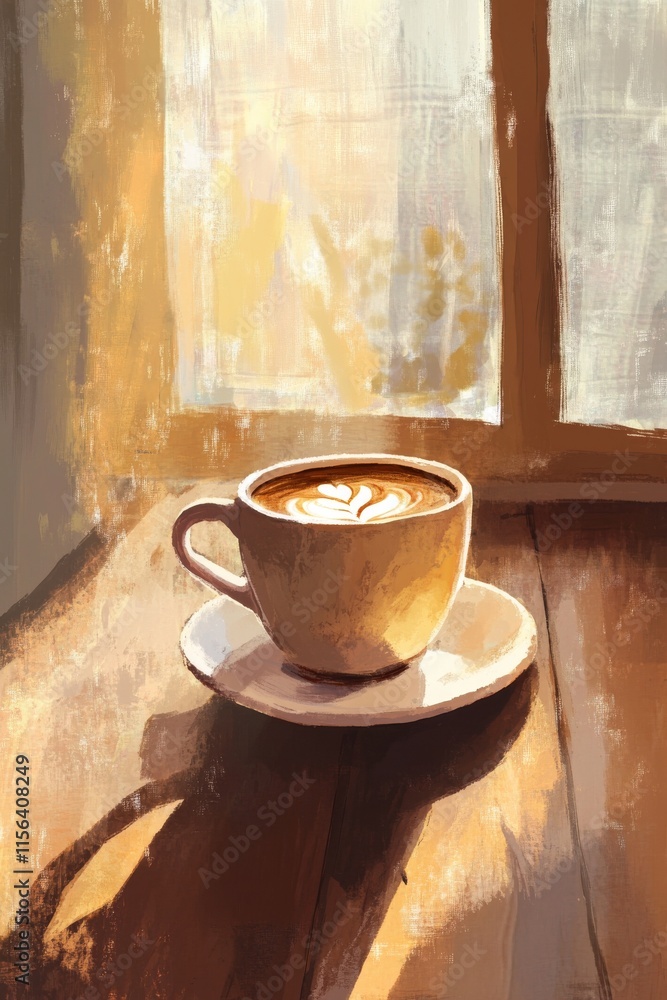 Poster a cup of coffee with latte art sits on a wooden table by a sunlit window, creating a warm and inviti