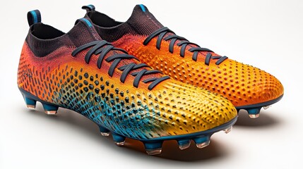 Pair of vibrant orange, yellow, and teal soccer cleats with textured surface and dark laces, isolated on white background.