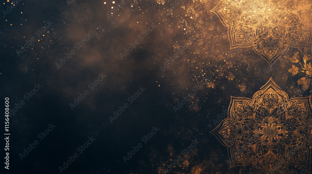 Poster a black background with intricate gold and silver designs. the patterns are very detailed and appear