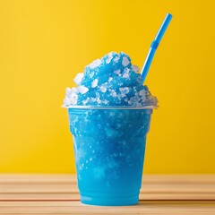 Blue raspberry slushie in a clear cup, blue color with crushed ice and straw, summer vibes.