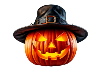 ack O' Lantern, cut out. Halloween pumpkin in hat, the main symbol of the Happy Halloween isolated on a transparent or white background