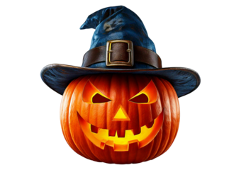 ack O' Lantern, cut out. Halloween pumpkin in hat, the main symbol of the Happy Halloween isolated on a transparent or white background