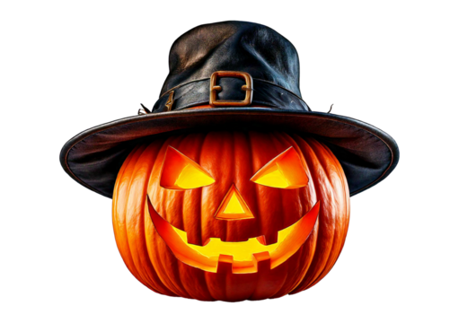 ack O' Lantern, cut out. Halloween pumpkin in hat, the main symbol of the Happy Halloween isolated on a transparent or white background