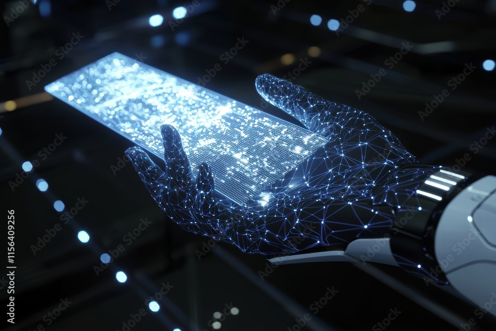 Aufkleber futuristic robot hand holding holographic display with data stream