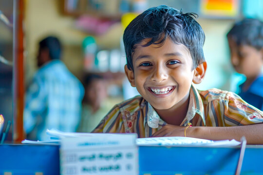 A young Indian boy opens his first bank account, his face beaming with pride and excitement, marking a significant milestone in his journey towards financial independence.