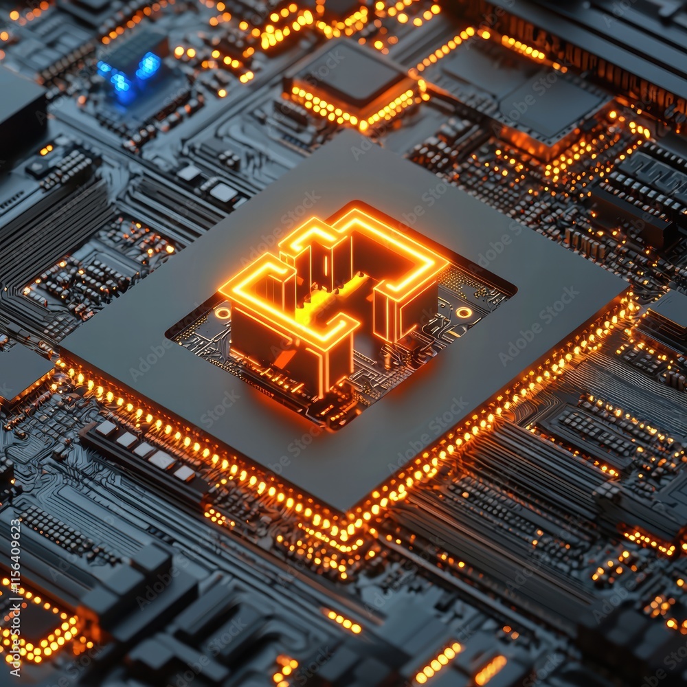 Aufkleber futuristic circuit board with glowing processor on dark background
